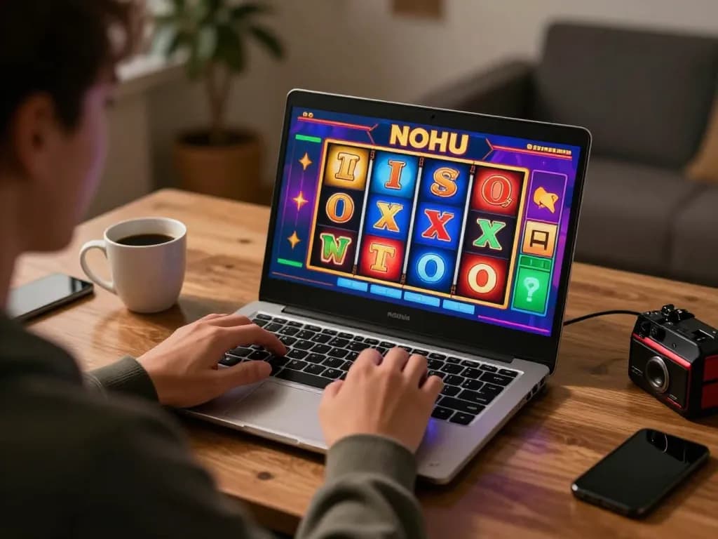 Engaging scene of a player enjoying nohu slots on a laptop in a cozy home office.