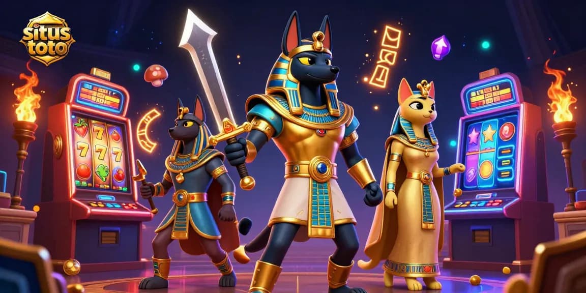 Engage in situs toto action with Anubis and Bastet amidst colorful slot machines.