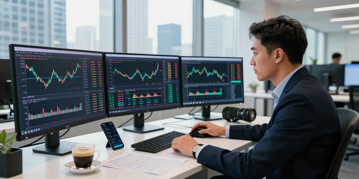 Real-time Bitcoin live price chart displayed on trader's screens in a modern financial hub