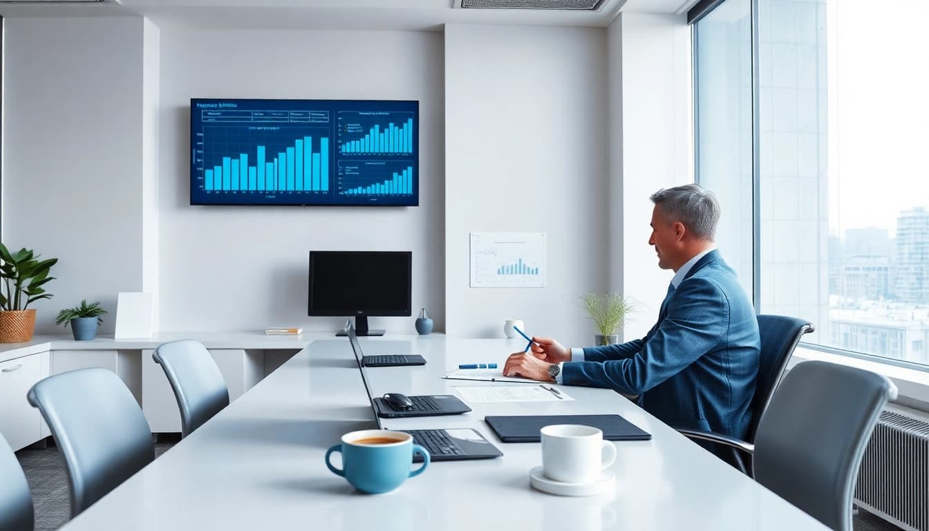 Superfund accountant reviewing financial statements in a modern office setting.
