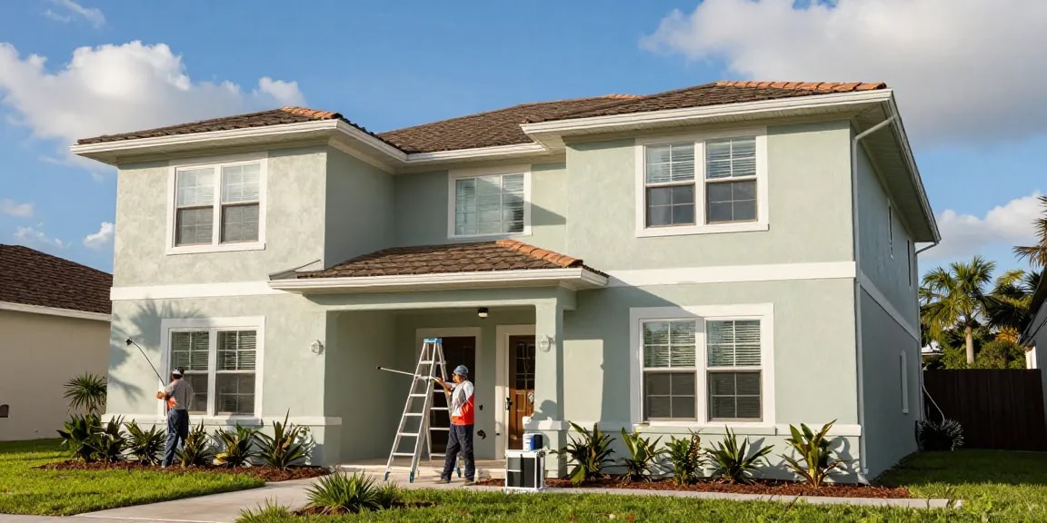 Exterior house painters Sarasota refreshing a two-story stucco home in bright sunshine.