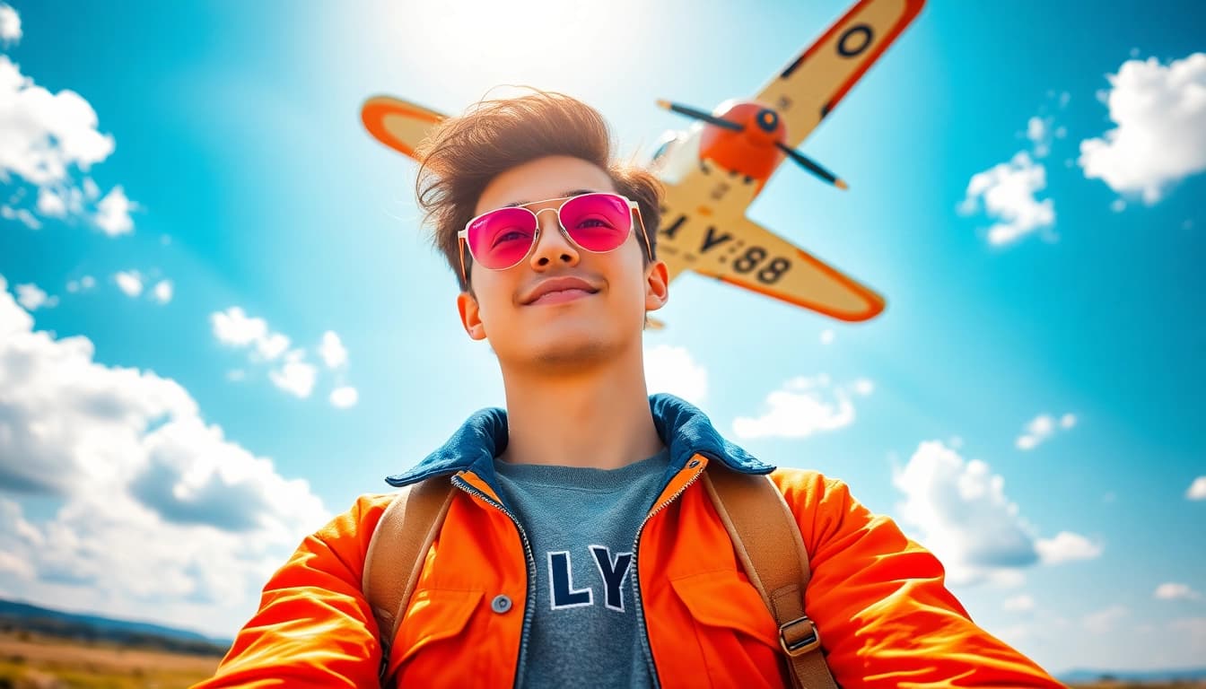 FLY88 aviation-inspired apparel worn by a model under a blue sky with vintage airplane.