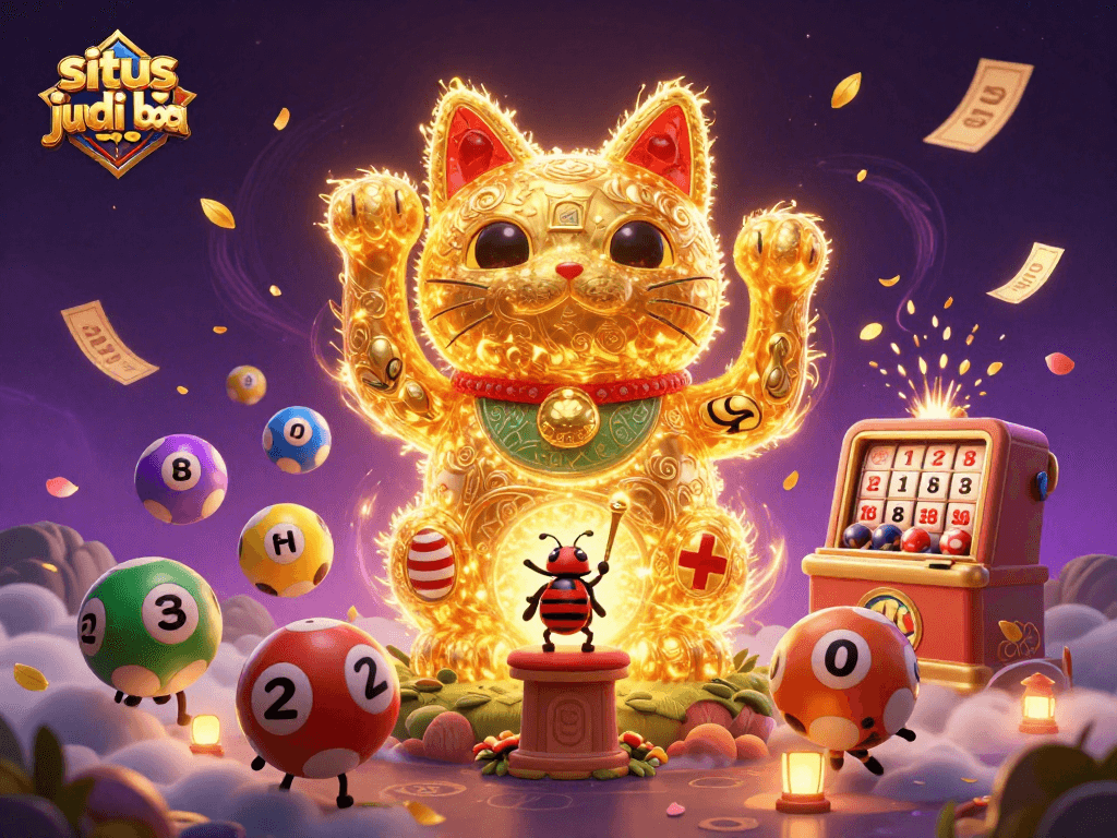 Win at situs judi bola with a vibrant 3D golden lucky cat image filled with casino elements.