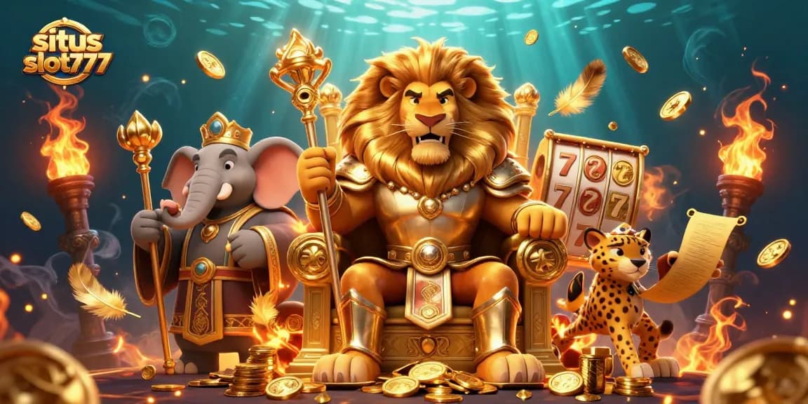 Permainan judi di situs slot777 dengan slot bertema raja singa dan simbol keberuntungan.