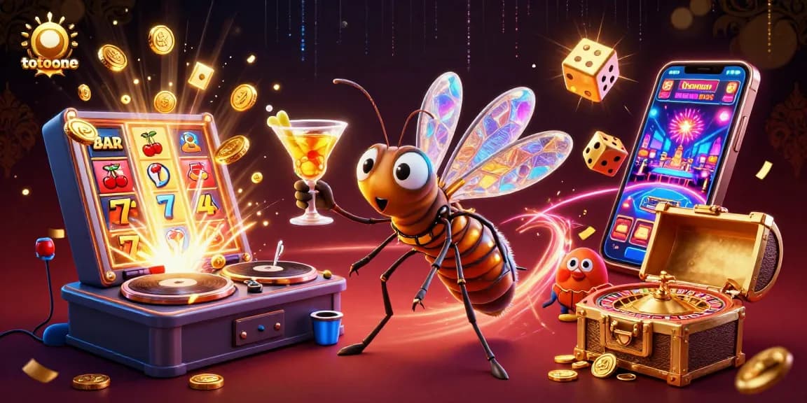 Permainan slot jackpot bersinar di totoone dengan simbol keberuntungan dan maskot kasino berkedip.