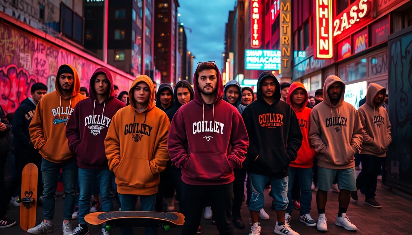Stylish individuals wearing designer streetwear hoodies in a vibrant urban setting at twilight.
