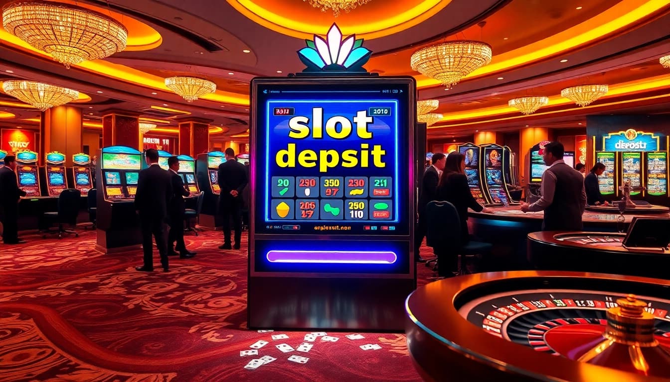 Pemain menikmati permainan mesin slot yang mendebarkan dengan fitur deposit pulsa di lingkungan kasino mewah.