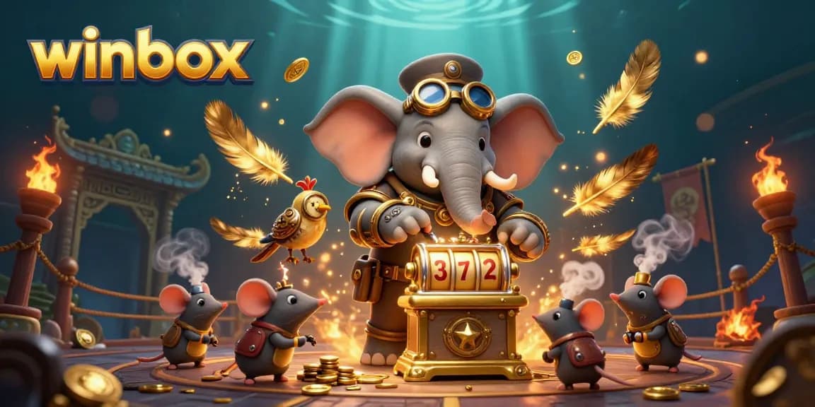 Spin to win at Winbox with a steampunk elephant manipulating a golden slot machine in an exciting casino scene.
