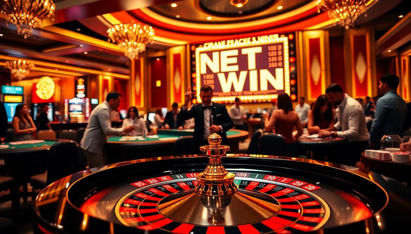 Experience net win excitement at a luxurious casino with roulette and enthusiastic players.