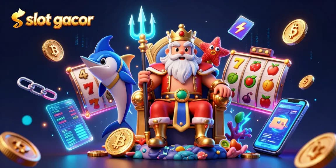 Engage with slot gacor through a vibrant 3D scene, showcasing Neptune and gaming elements.