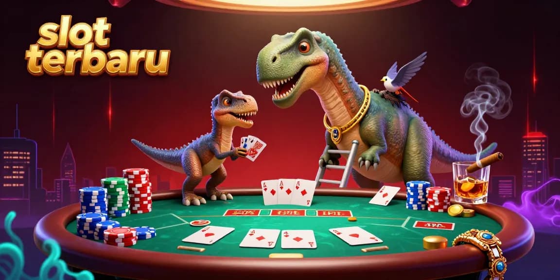Play exciting slot terbaru at a vibrant casino featuring a playful dinosaur and poker elements.