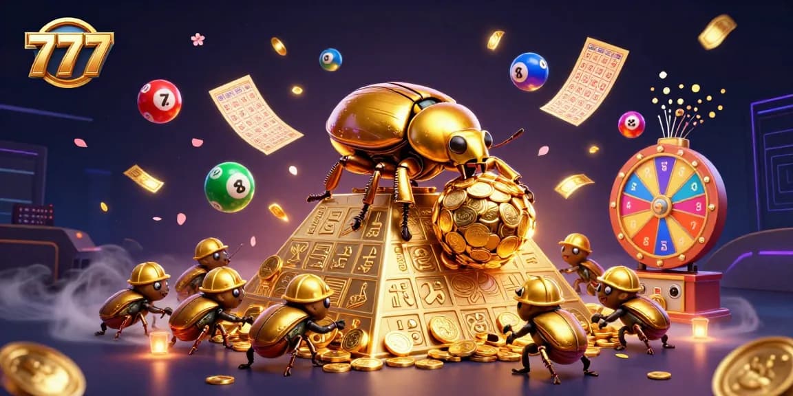 Experience the excitement of 777 slots with a vibrant 3D illustration of a golden dung beetle alongside casino elements.