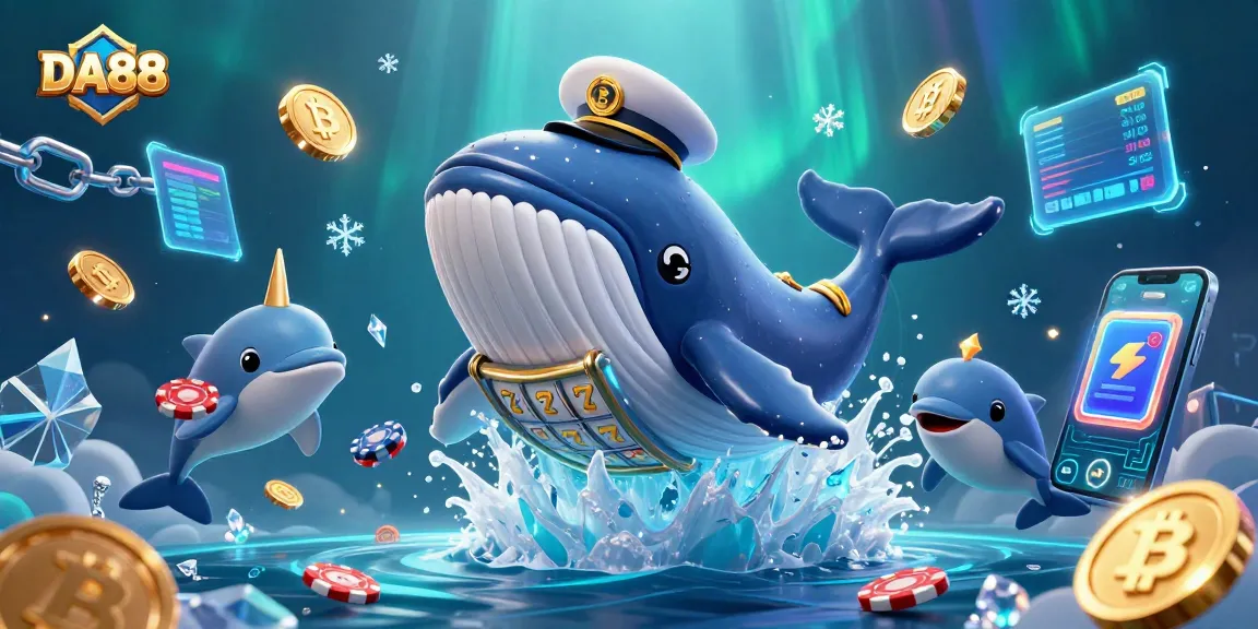 DA88 showcases a lively underwater casino scene with whales, coins, and poker action.