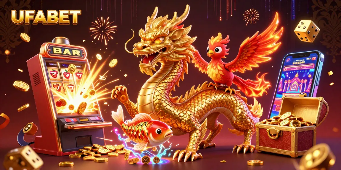Experience the thrill of gambling with UFABET featuring a golden dragon, phoenix, and koi fish in a vibrant casino scene.