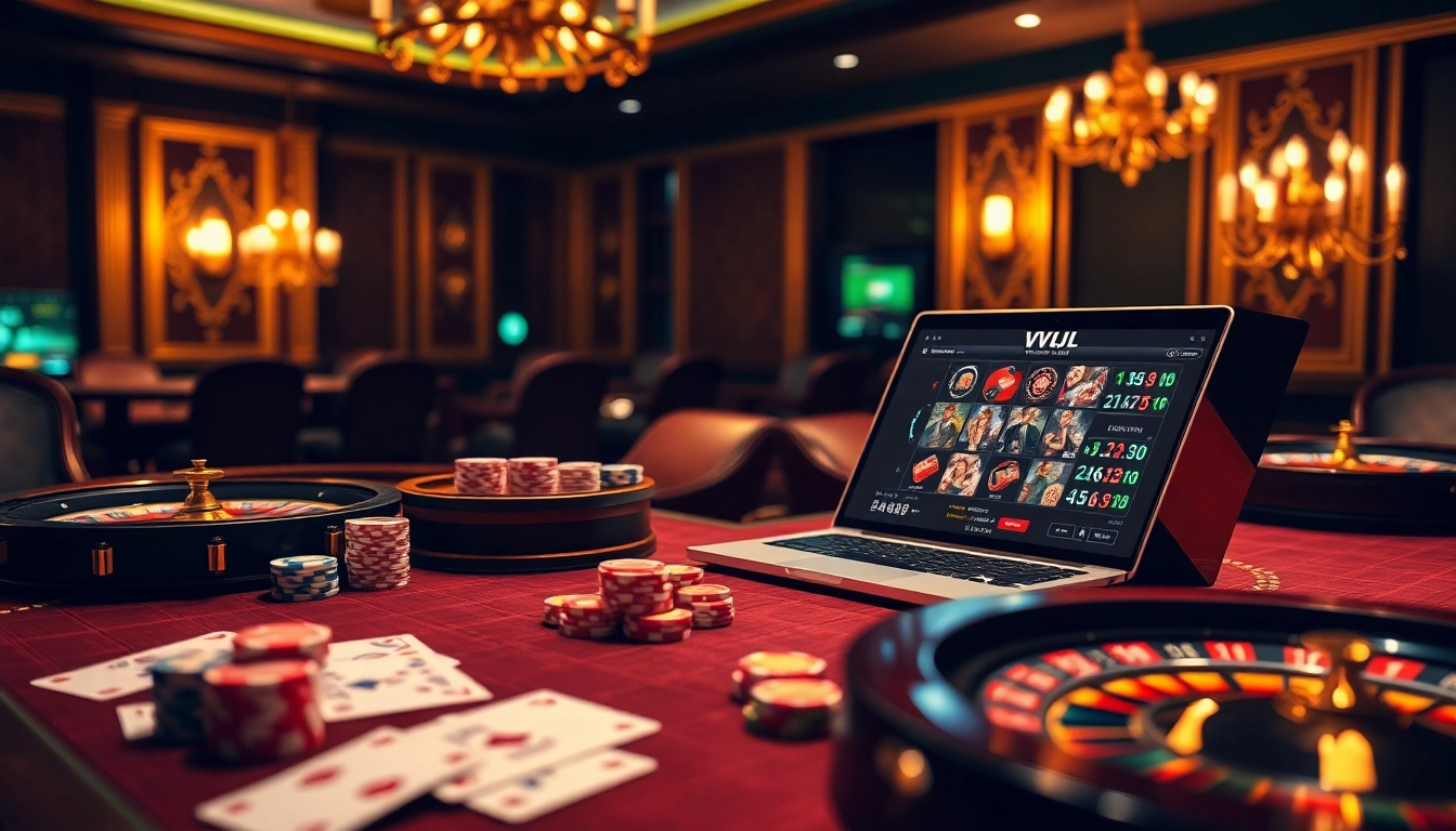Experience excitement with VVJL's online casino interface, featuring a luxurious table and vibrant poker chips.