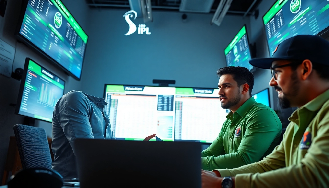 Cricketers engaged in IPL win prediction today analysis in a vibrant office.
