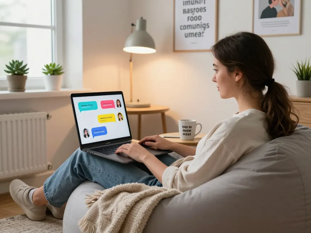 Engaging spicychat conversation in a cozy home office setting with colorful chat bubbles.