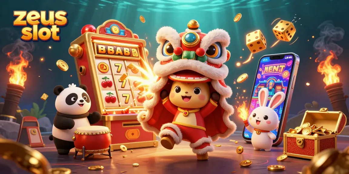 Spin to win with zeus slot in a lively 3D illustration featuring colorful characters and vibrant casino elements.