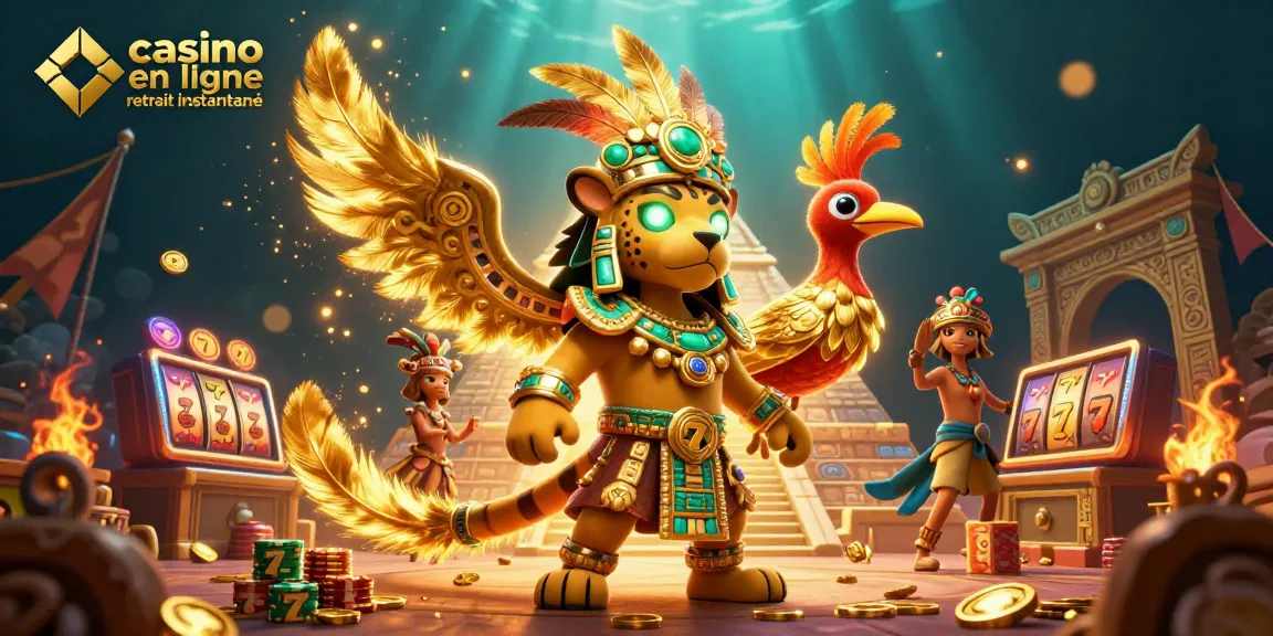 Découvrez les retraits instantanés dans les casinos en ligne avec une illustration 3D vibrante mettant en scène un prêtre maya et des éléments de casino