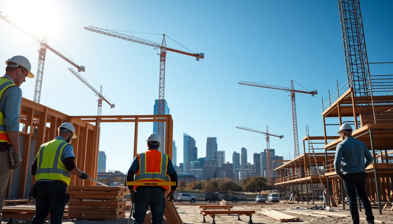 Workers engaged in Austin construction activities at a bustling construction site, showcasing teamwork and progress.
