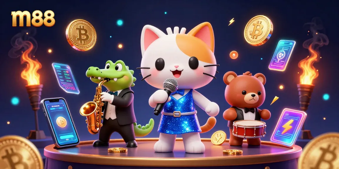 Experience the lively M88 casino with characters enjoying music and digital gaming elements.