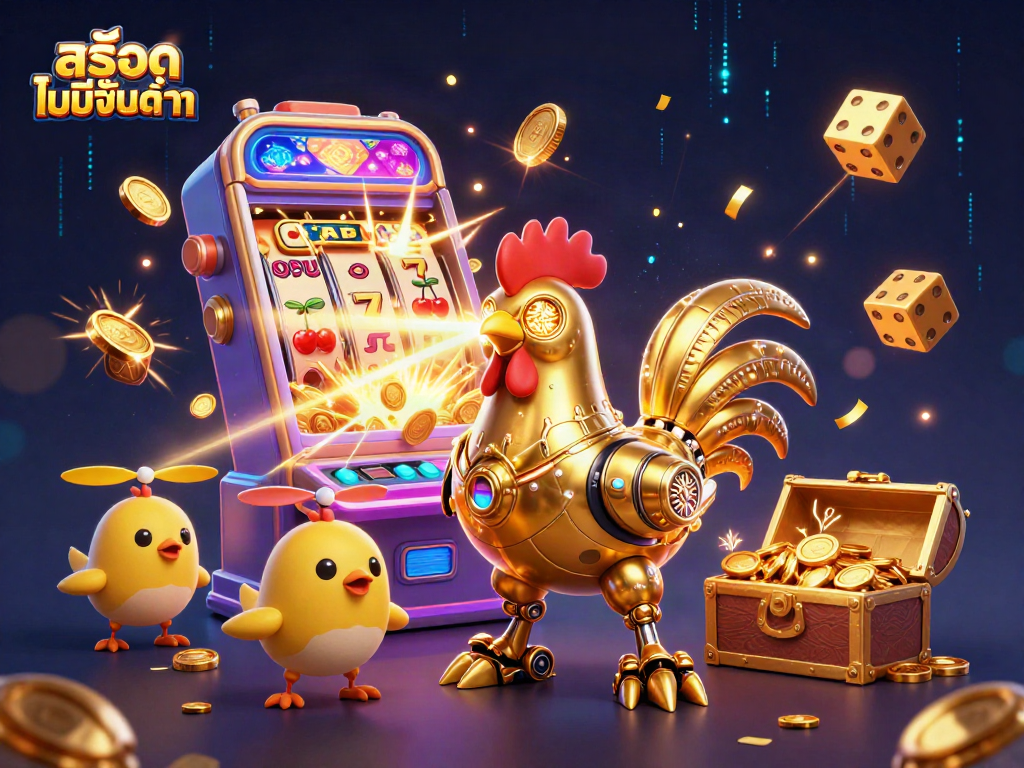 Experience สล็อตไม่มีขั้นต่ำ with a vibrant 3D illustration of a golden rooster robot amid a casino jackpot burst.