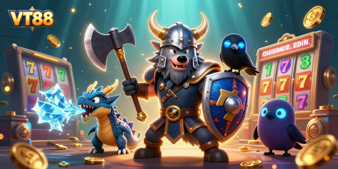 Join VT88 as a Viking wolf and dragon celebrate online casino jackpots with golden coins and slot reels.