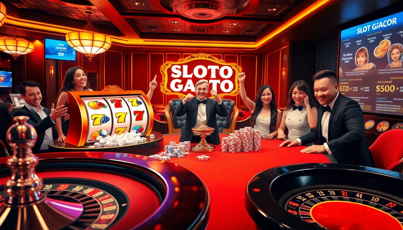 Exciting Slot Gacor gameplay with vibrant slot machines and luxury casino ambiance.