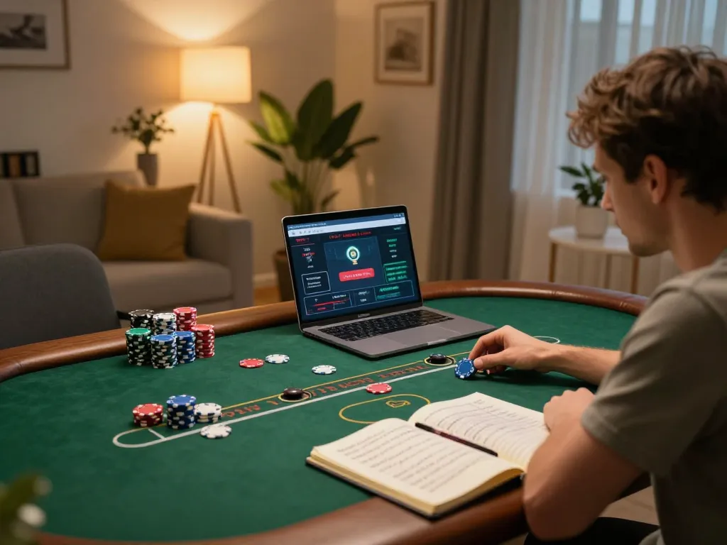 Player engaged with tor hidden wiki content while strategizing poker gameplay at home