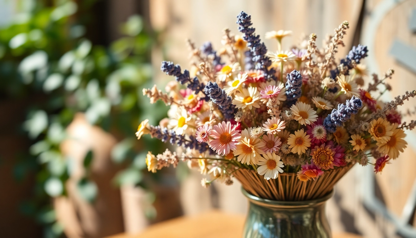 Delicate arrangement of dried blooms showcasing vibrant colors and textures in a rustic setting.