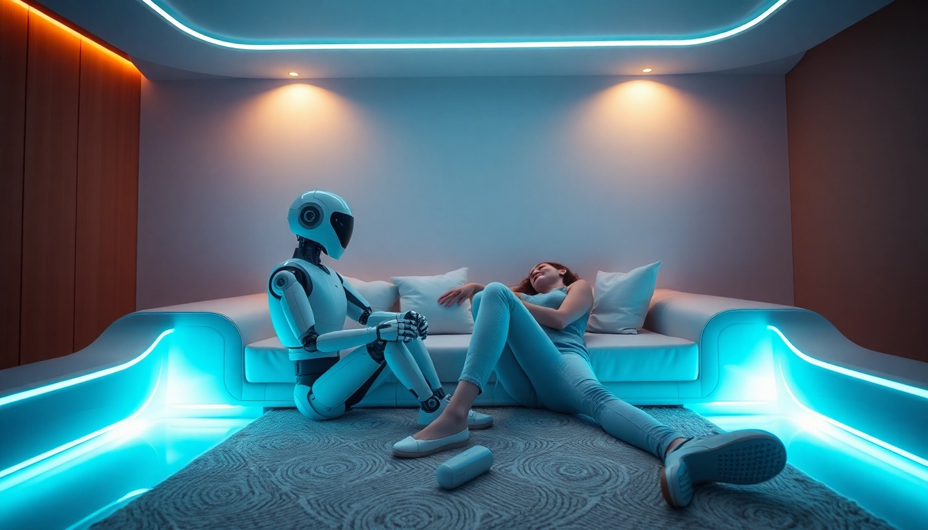Exploring ai sex through a futuristic interaction between a humanoid robot and a person in a cozy, tech-inspired environment.