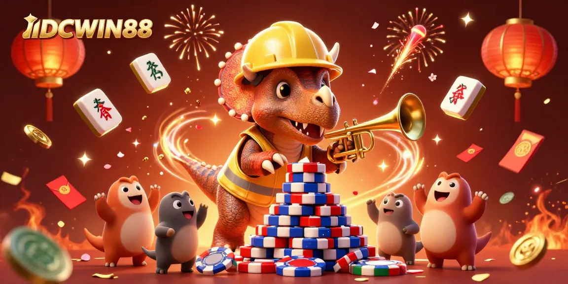 Engage with IDCWIN88's vibrant 3D illustration celebrating a casino theme with lively characters.