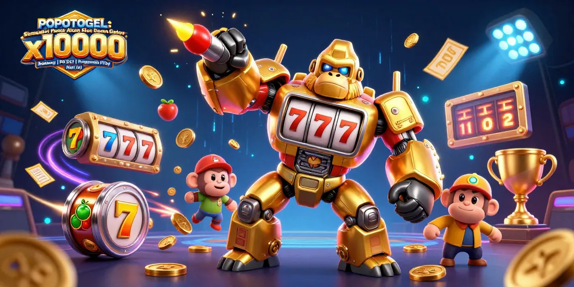Experience the thrill of POPOTOGEL: Semangat Pusat Akun Slot Demo Gacor x10000 Mahjong | PG Soft | Pragmatik Play Hari Ini with a dynamic 3D illustration of a golden gorilla mech.