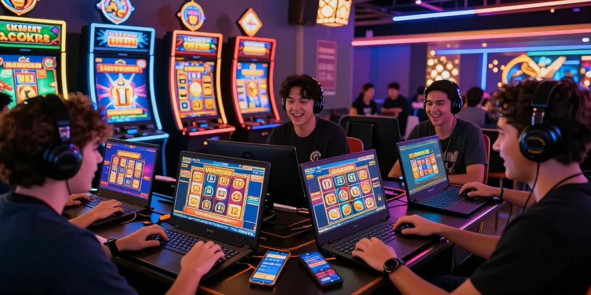 Excited players enjoying slot deposit 1k games on Garuda303 platform, vibrant gaming atmosphere.