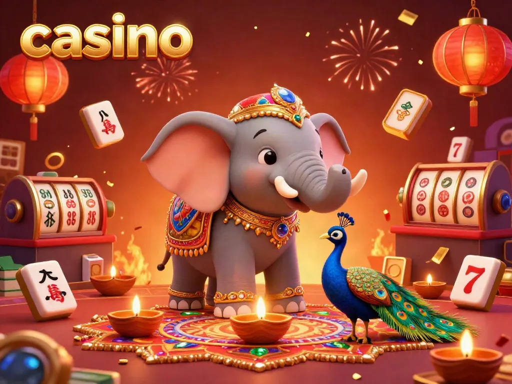 Engage in a vibrant casino scene with elephant and peacock, festive lights, and dynamic gaming elements.