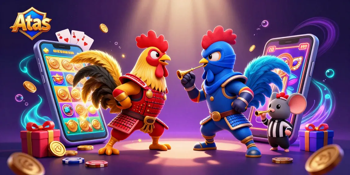 Experience thrilling fights at Atas Casino, featuring dynamic animations of dueling roosters amidst gambling excitement.