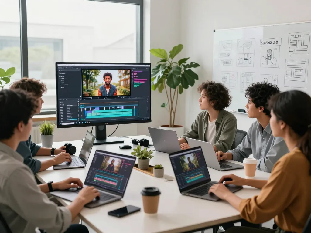Team of creators collaborating using seedance 2.0 in a bright, modern video production studio.