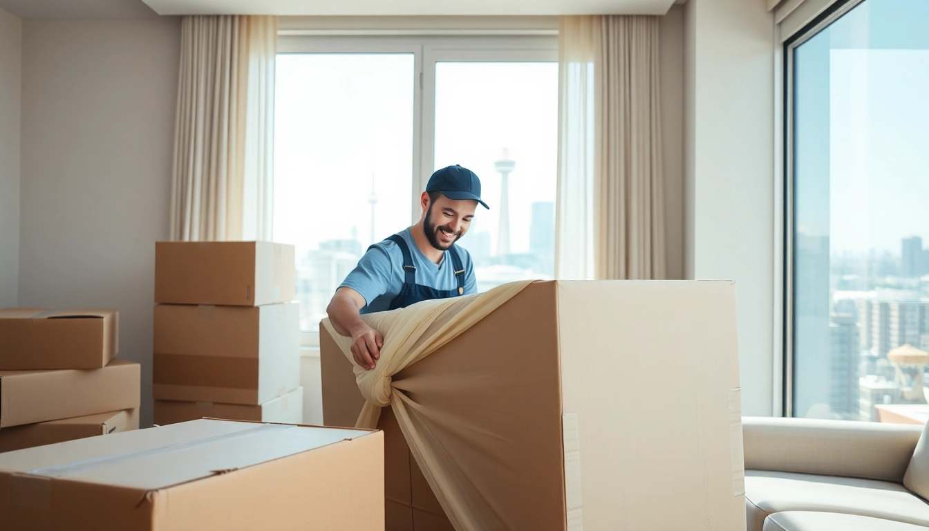 Toronto moving company professionals packing and loading furniture in a sunny environment.