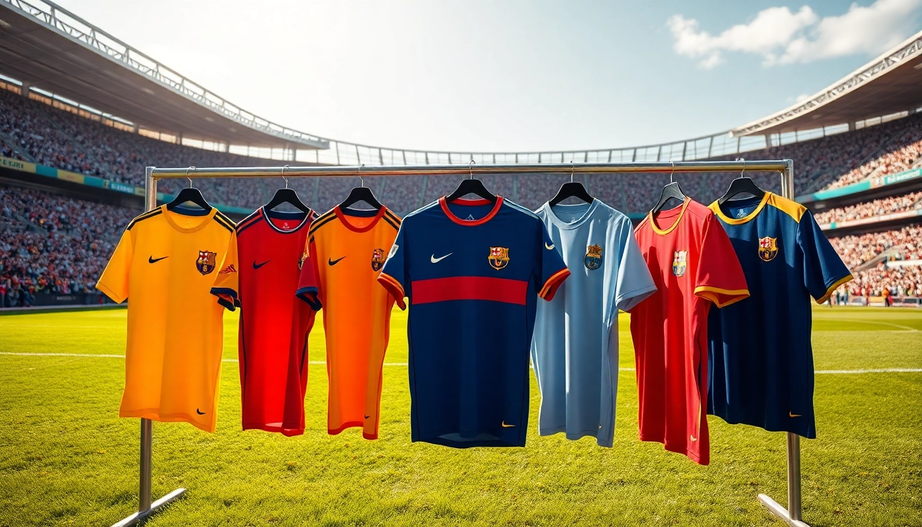 Showcasing colorful team football kits arranged neatly on a field display with a stadium atmosphere.