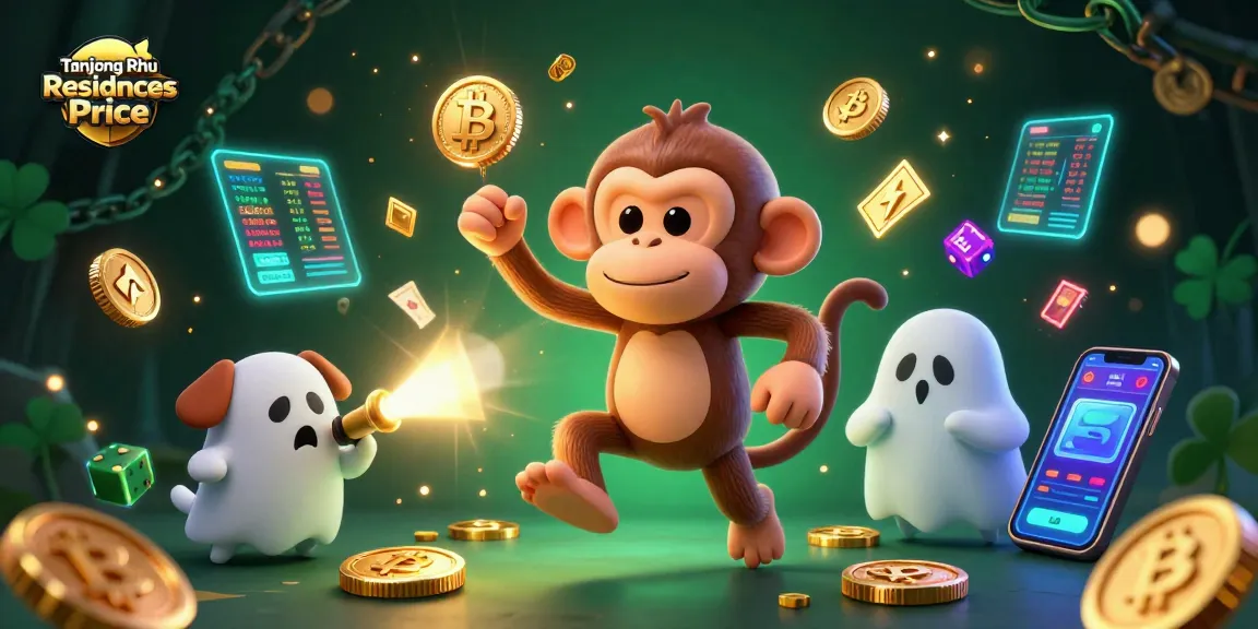 Tanjong Rhu Residences Price showcases a playful poltergeist monkey juggling gold coins in a thrilling haunted casino setting.