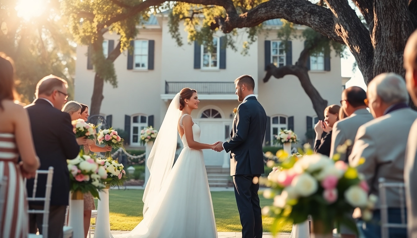 Captivating couple's moment at a Jacksonville Wedding Venue, highlighted by elegant decorations and warm sunlight.