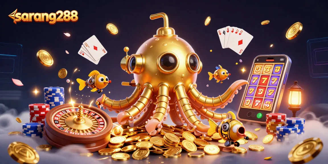 Engage with the immersive gambling experience on sarang288, showcasing vibrant 3D casino elements and a kraken submarine.