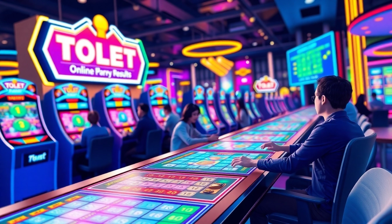Judi togel online yang seru dengan pemain bahagia dan layar digital menampilkan hasilnya.