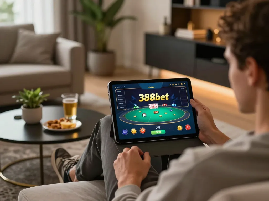 Engaging with 388bet poker app on a cozy couch, showcasing an exciting online gaming experience.