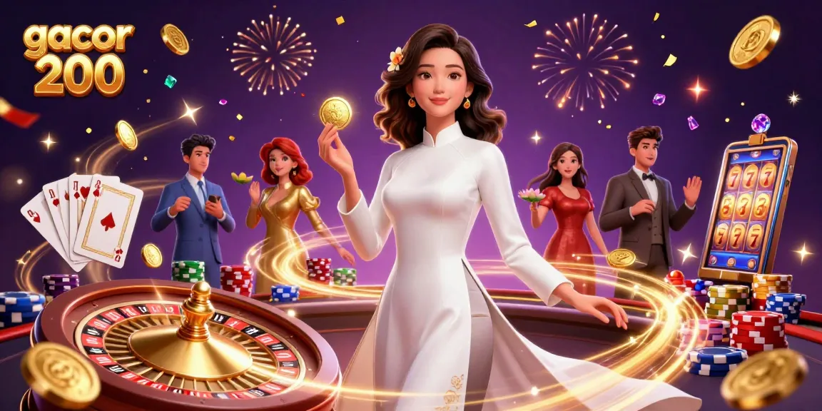 Experience the excitement of gacor 200 with a vibrant scene of casino elements and a stunning Asian character.