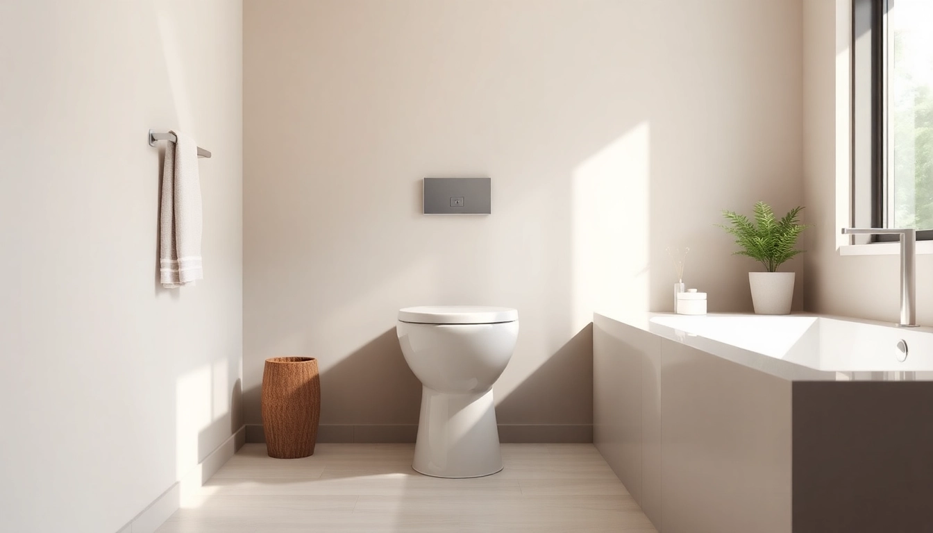 Coprire il wc elegante in un bagno moderno con luce naturale e dettagli eleganti.