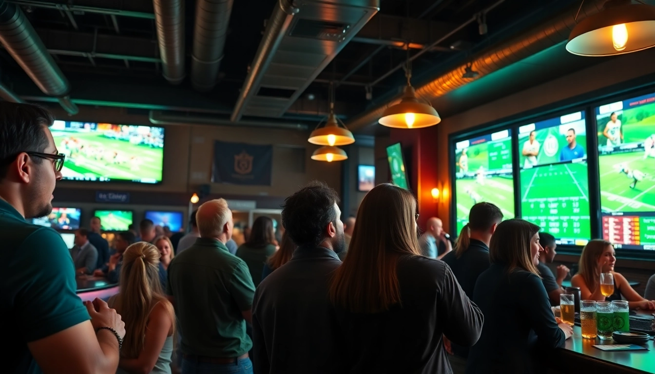 Engaged bettors enjoying South Carolina sports betting in a lively sports bar atmosphere.