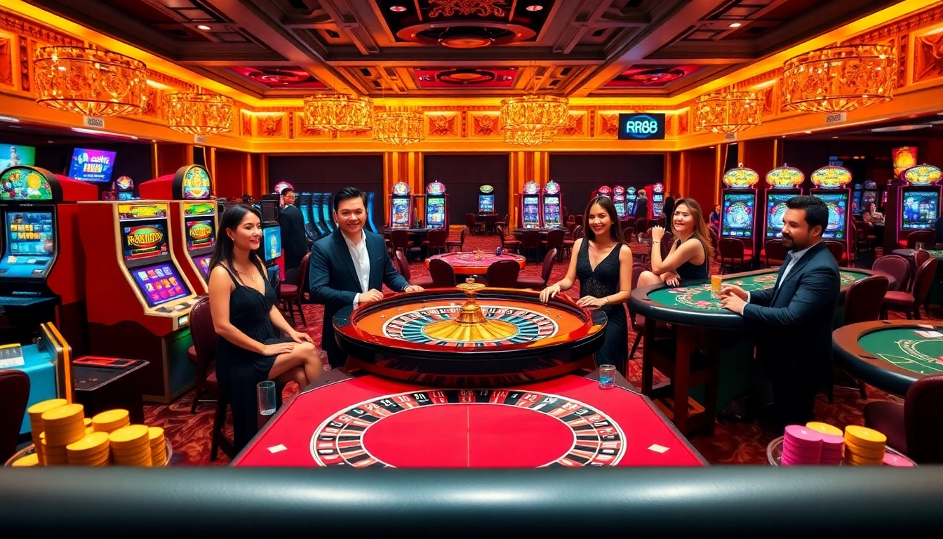 Engage in thrilling gameplay at https://rr88c.mobi/ featuring a vibrant casino scene with roulette, chips, and gamblers.
