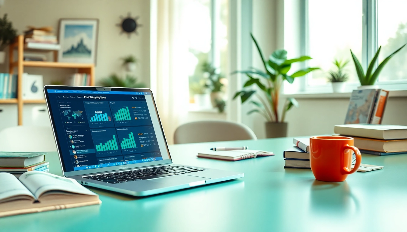 Showcase onlyfans marketing tools in a modern workspace with analytics and marketing strategies.