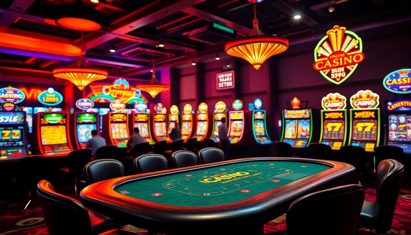 Explore the vibrant world of the best online casinos Canada featuring neon-lit gaming tables and slots.